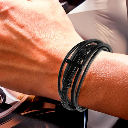 Soku Pulsera Cruz Personalizada Piel Acero Inoxidable