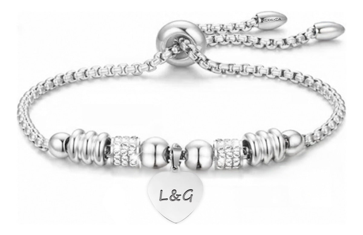 Pulsera Brillantes Corazon Personalizada Acero Inoxidable