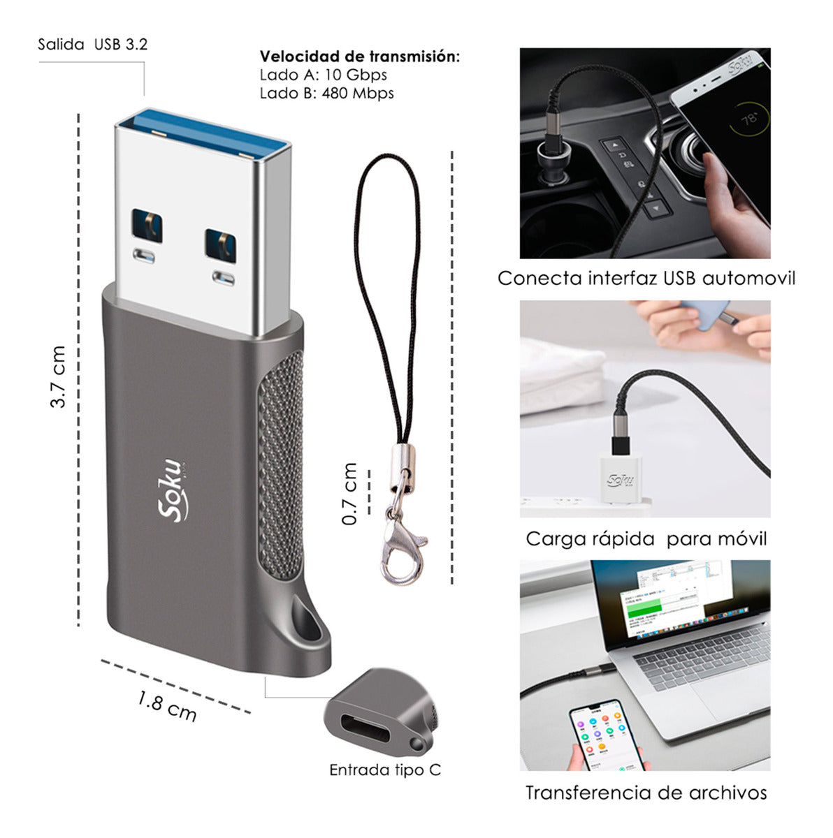 Soku Usb3.2 Tipo C Hembra A Usb Macho Adaptador 10gbps