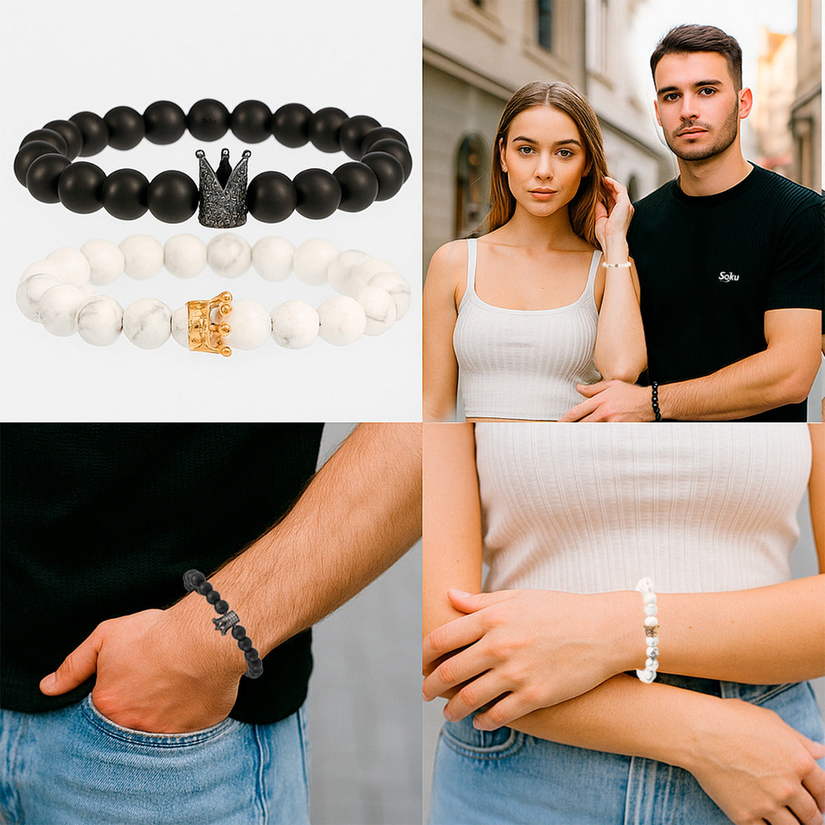2 Pulseras Parejas Piedra Natural Coronas Proteje Amor Real