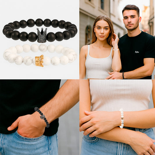 2 Pulseras Parejas Piedra Natural Coronas Proteje Amor Real