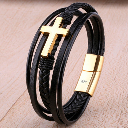 Soku Pulsera Cruz Personalizada Piel Acero Inoxidable