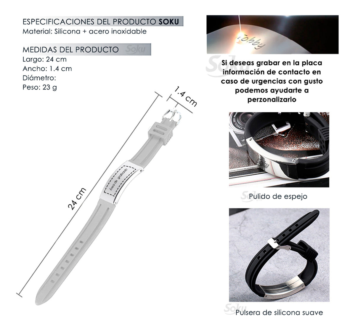 Soku Pulsera Médica Personalizada Emergencias Acero Premium+
