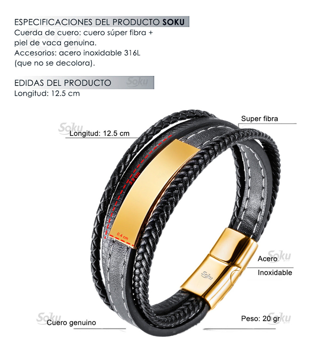 Soku Pulsera Personalizada Piel Acero Inoxidable Titanio