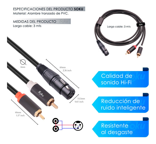 Soku Cable Xlr A 2 Rca A Mezcladora Amplificador Dj Hifi 3m