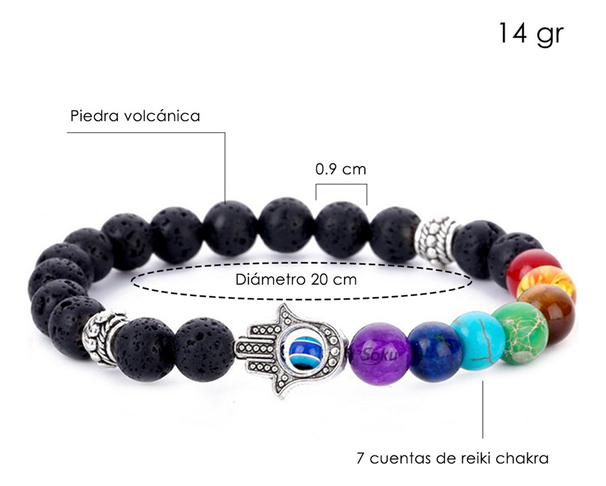 Pulsera Yoga Piedra Lava Natural Energía 7 Chakras Ojo Mano