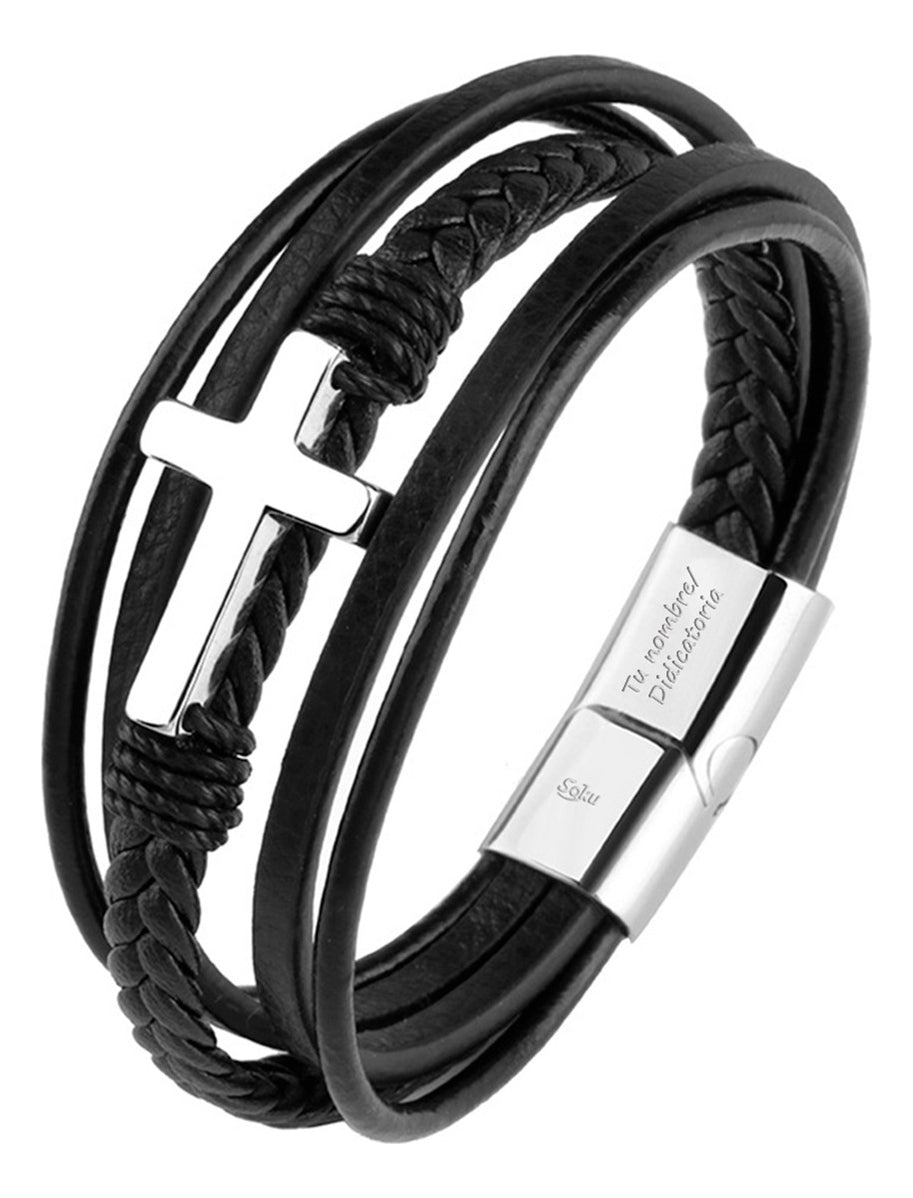 Soku Pulsera Cruz Personalizada Piel Acero Inoxidable
