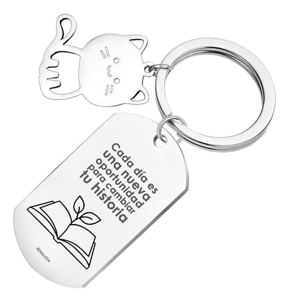 Llavero Grabado Acero Inoxidable Personalizado Mensaje Gato