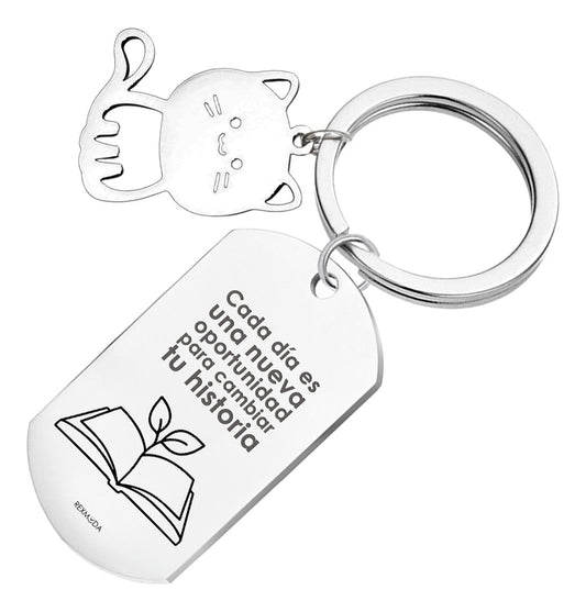 Llavero Grabado Acero Inoxidable Personalizado Mensaje Gato