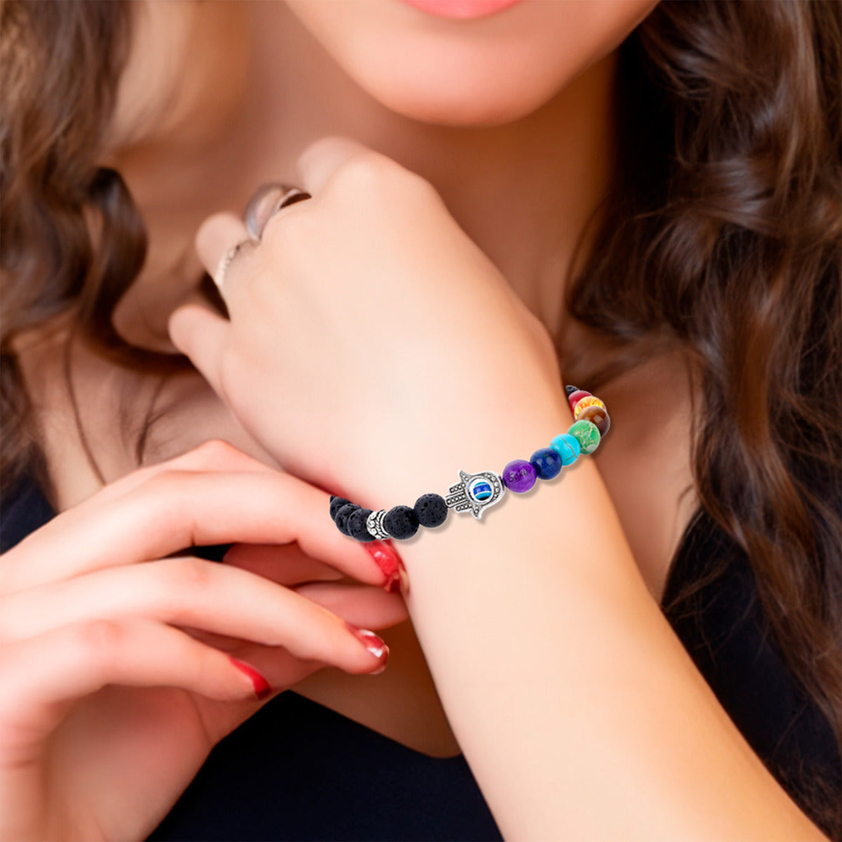 Pulsera Yoga Piedra Lava Natural Energía 7 Chakras Ojo Mano