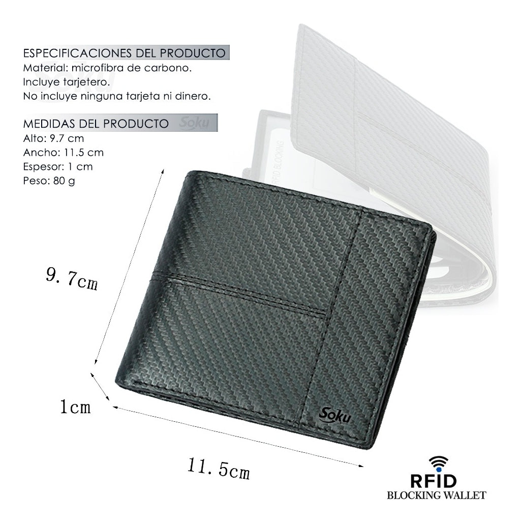 Cartera Piel Genuina Interior Microfibra Carbono Antirrobo
