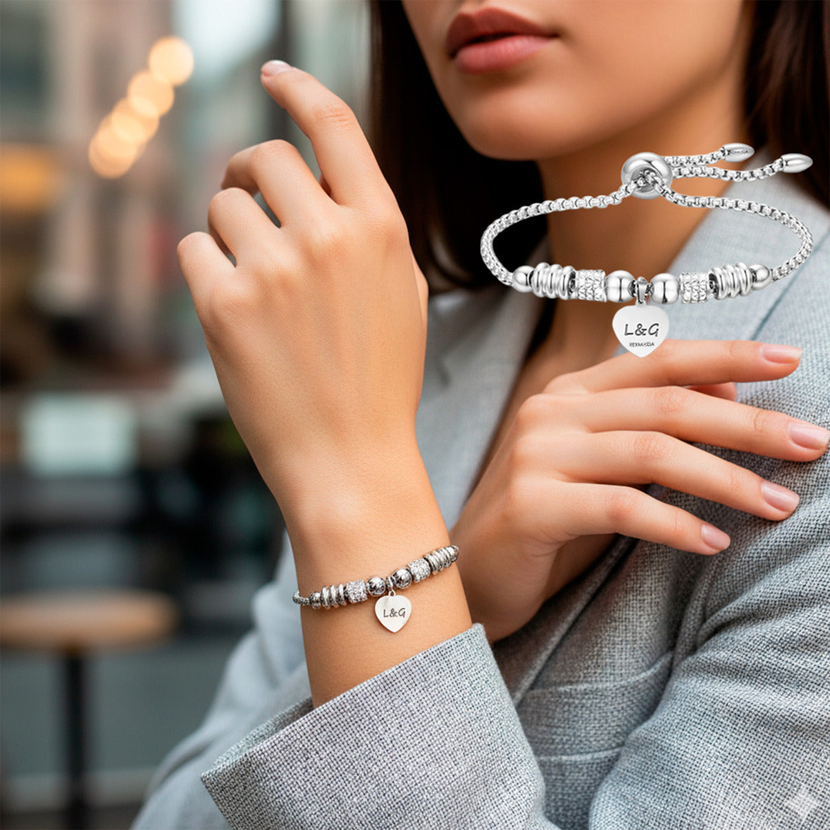 Pulsera Brillantes Corazon Personalizada Acero Inoxidable