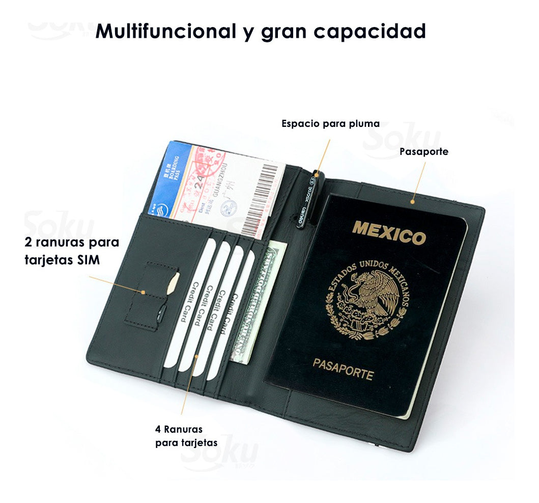 Cartera Billetera Viaje Pasaporte Piel Genuina Antirobo Rfid
