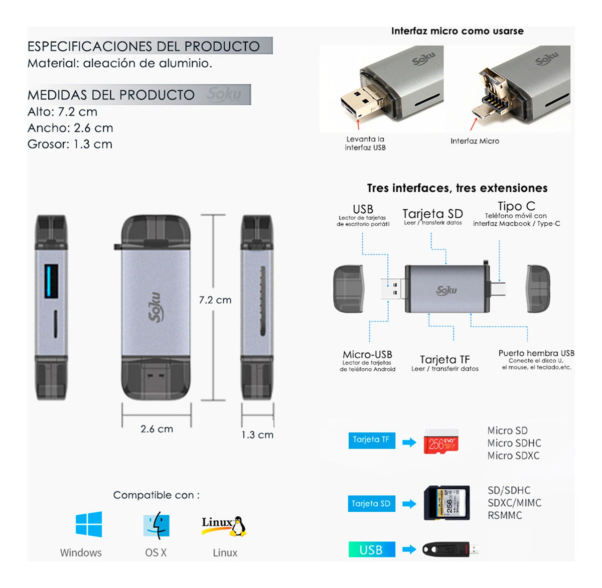 Soku Lector Tarjetas Memoria Tipo C A Usb 3.0 Ultra Rapido