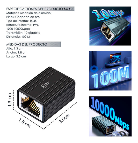 Soku Extensor Cable Ethernet Rj45 Hd 10gbps Hasta 100m Pro