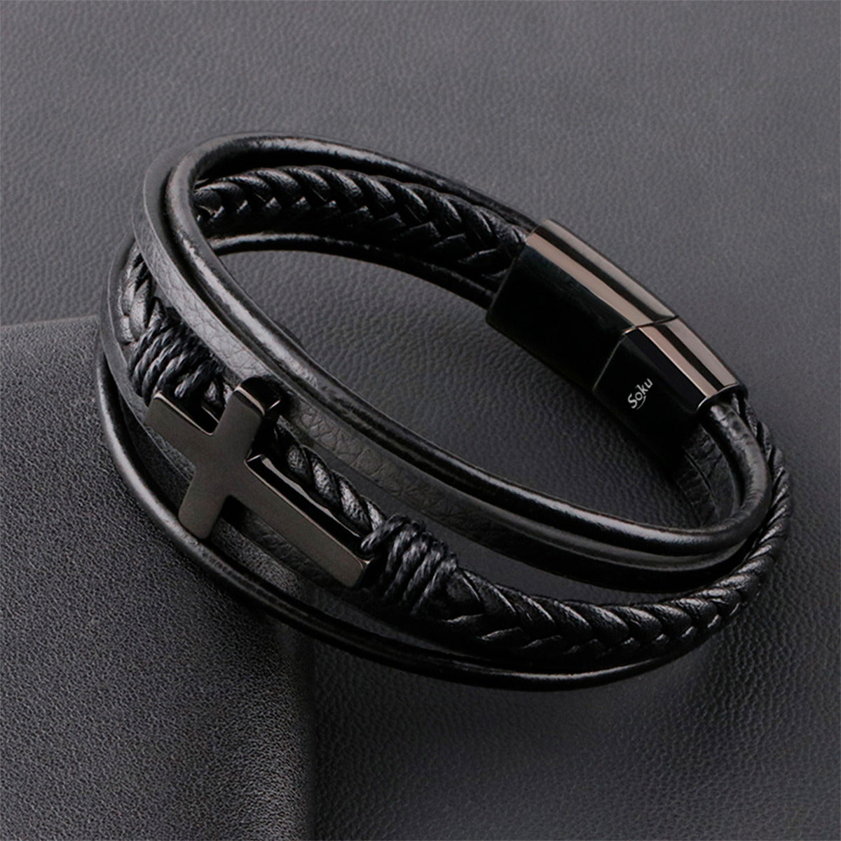 Soku Pulsera Cruz Personalizada Piel Acero Inoxidable