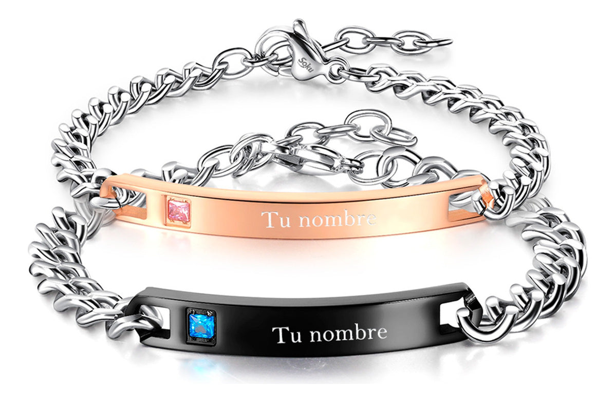 2 Pulseras Personalizada Parejas Acero Titanio De Por Vida