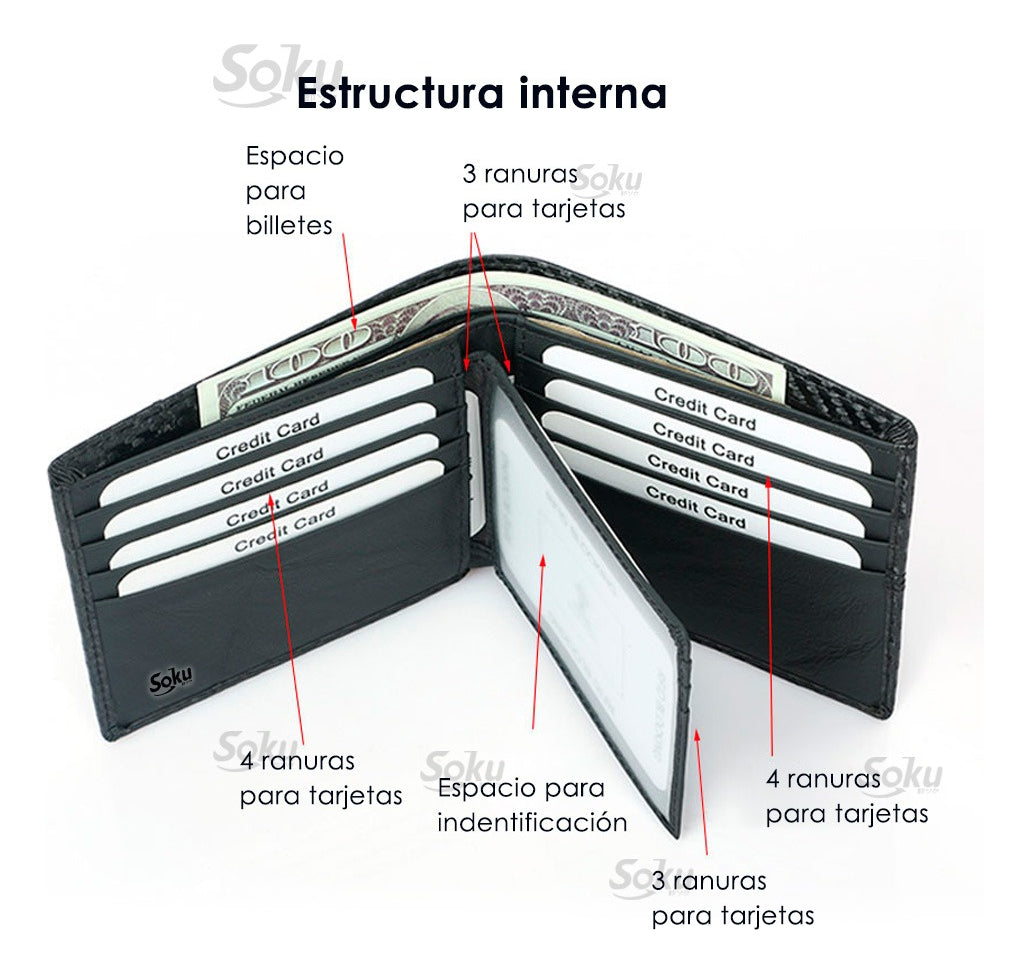Cartera Piel Genuina Interior Microfibra Carbono Antirrobo