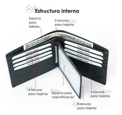 Cartera Piel Genuina Interior Microfibra Carbono Antirrobo