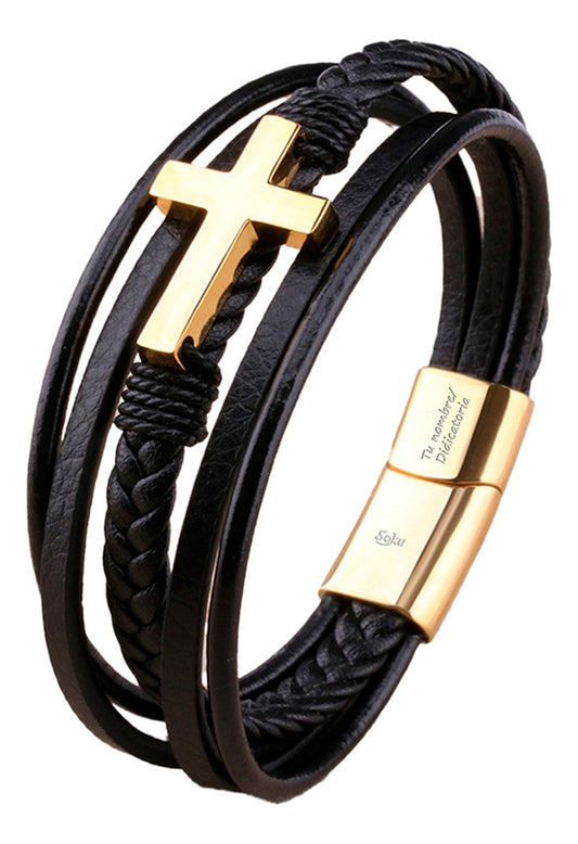 Soku Pulsera Cruz Personalizada Piel Acero Inoxidable