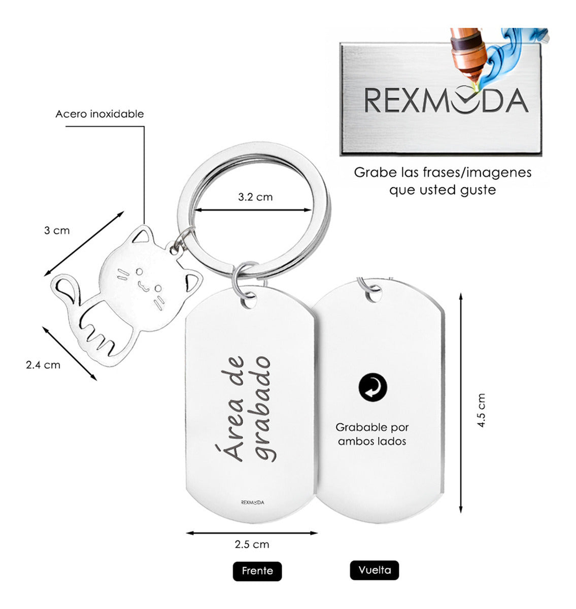 Llavero Grabado Acero Inoxidable Personalizado Mensaje Gato