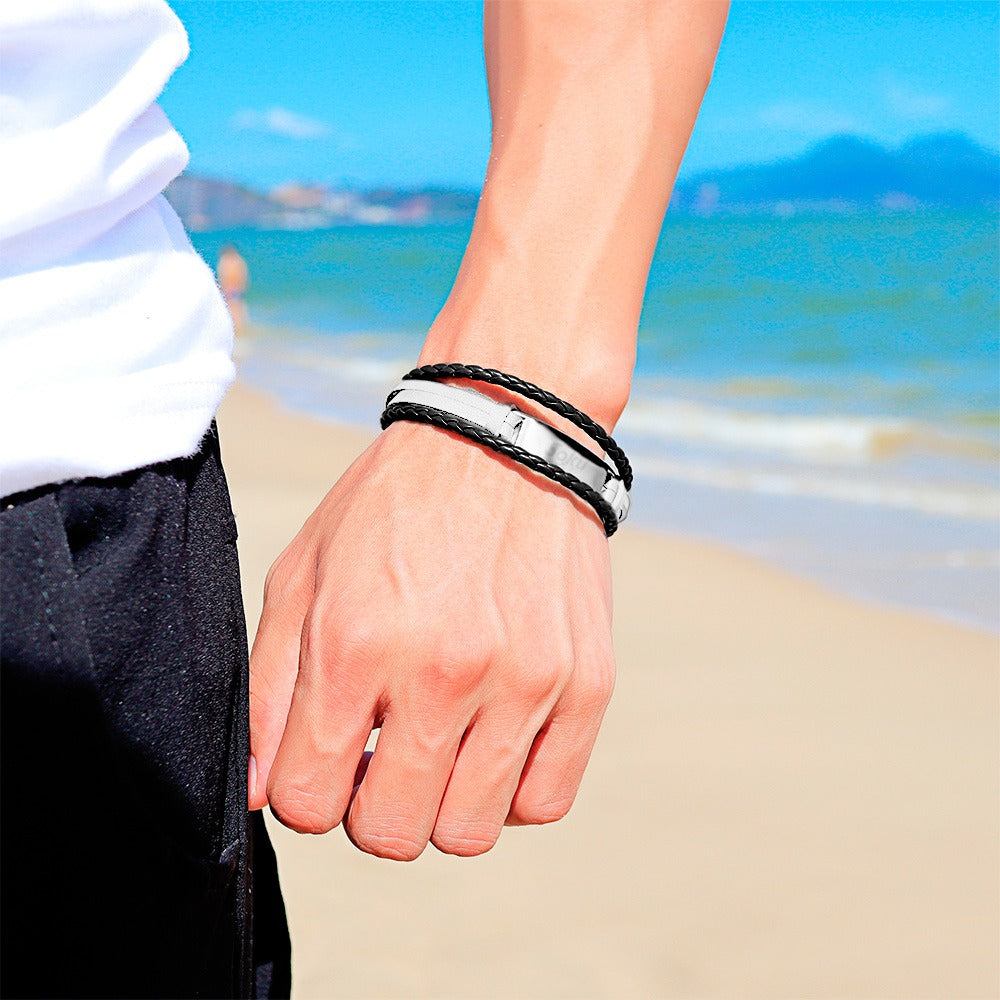 Pulsera Hombre Personalizada Grabado Vintage De Piel Titanio