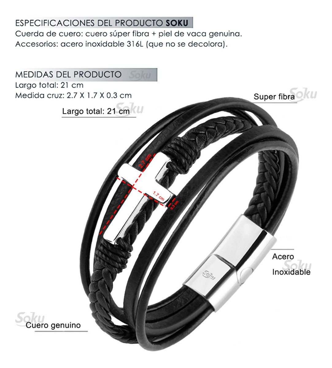 Soku Pulsera Cruz Personalizada Piel Acero Inoxidable