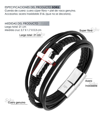 Soku Pulsera Cruz Personalizada Piel Acero Inoxidable