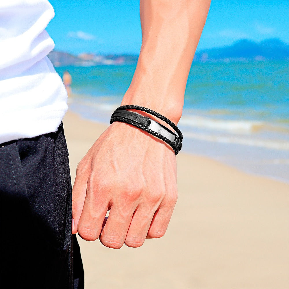 Pulsera Hombre Personalizada Grabado Vintage De Piel Titanio