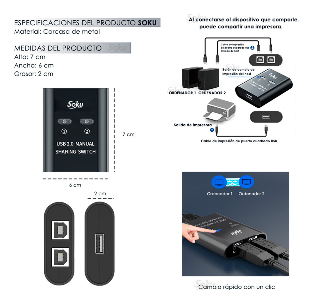 Conmutador Impresora 2 Puertos Usb Hub Divisor Switch Manual