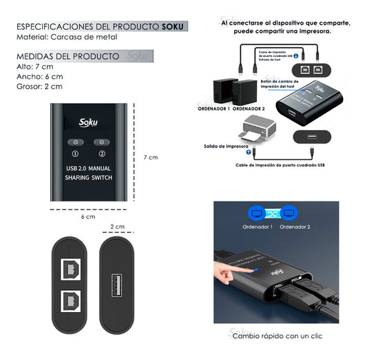 Conmutador Impresora 2 Puertos Usb Hub Divisor Switch Manual
