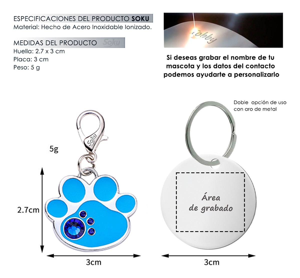 Soku Placa Personalizada Perro Gato Huella Cristal Premium+
