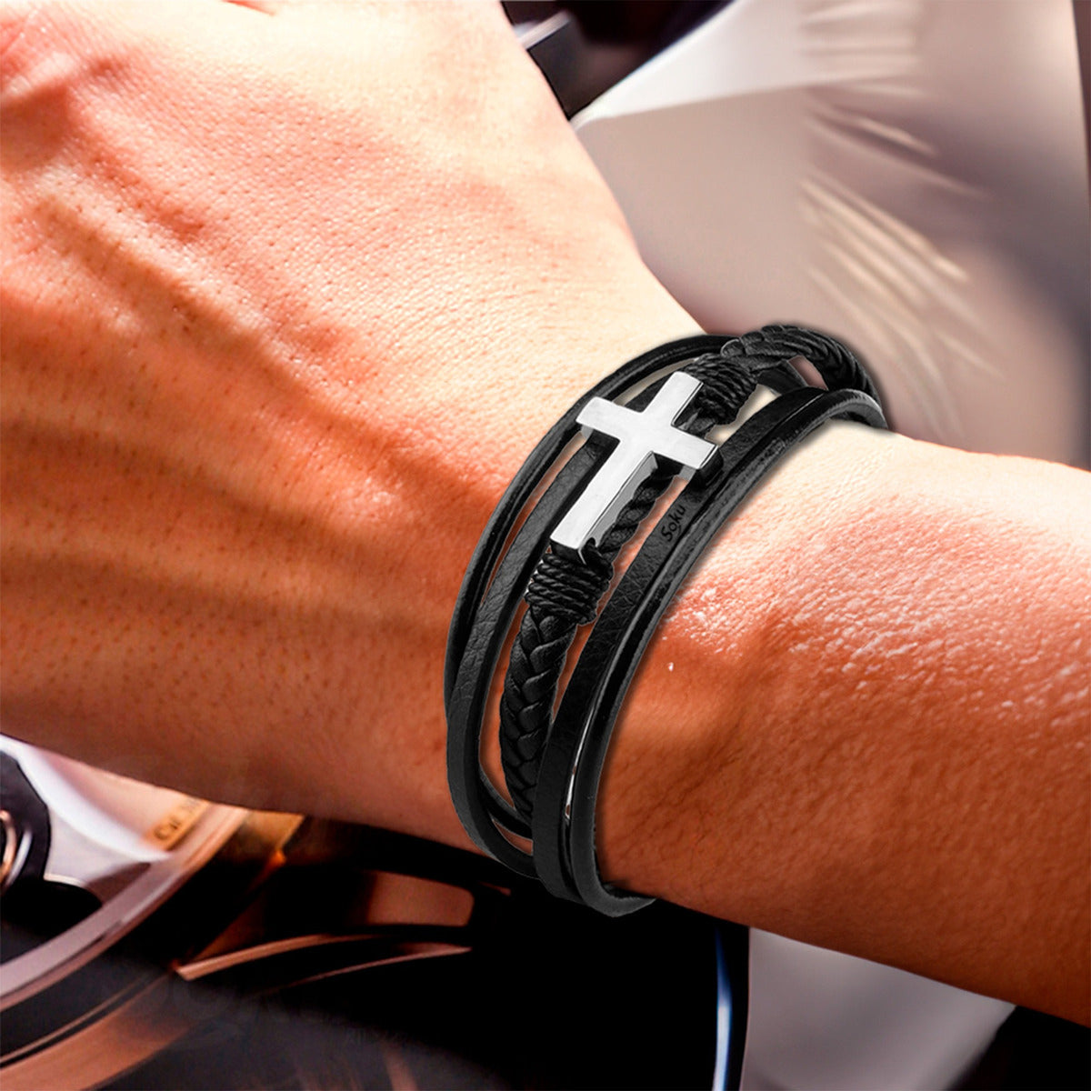 Soku Pulsera Cruz Personalizada Piel Acero Inoxidable