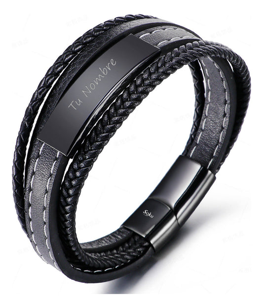 Pulsera Personalizada Piel Acero Inoxidable Titanio