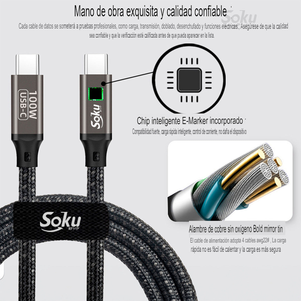 Soku Cable 2 Usb Tipo C 100w 20v 5a Ps Chip Para iPhone 15