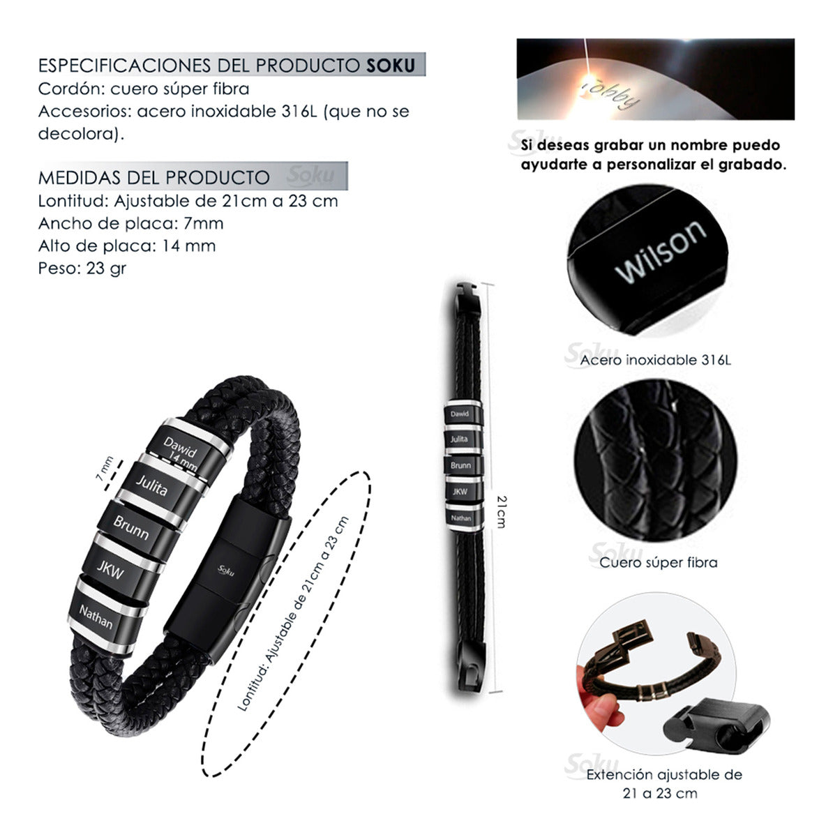 Pulsera Personalizada Piel Acero Inoxidable Titanio Soku