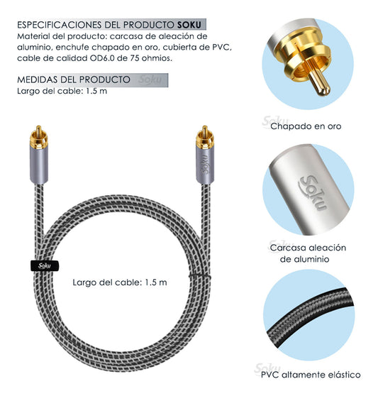 Soku Cable Audio Rca A Rca Coaxial Blindado Video Av Hifi