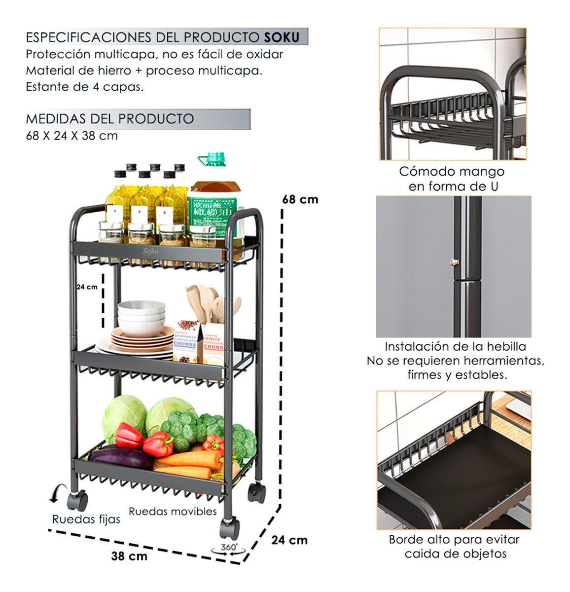 Soku Carrito Multifuncional Baño 3 Niveles Acero Práctico