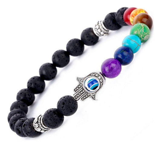Pulsera Yoga Piedra Lava Natural Energía 7 Chakras Ojo Mano