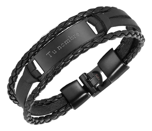 Pulsera Hombre Personalizada Grabado Vintage De Piel Titanio