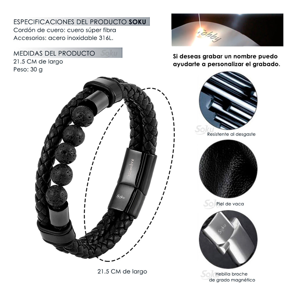 Soku Pulsera Personalizada Lava Acero Inoxidable Micro Piel