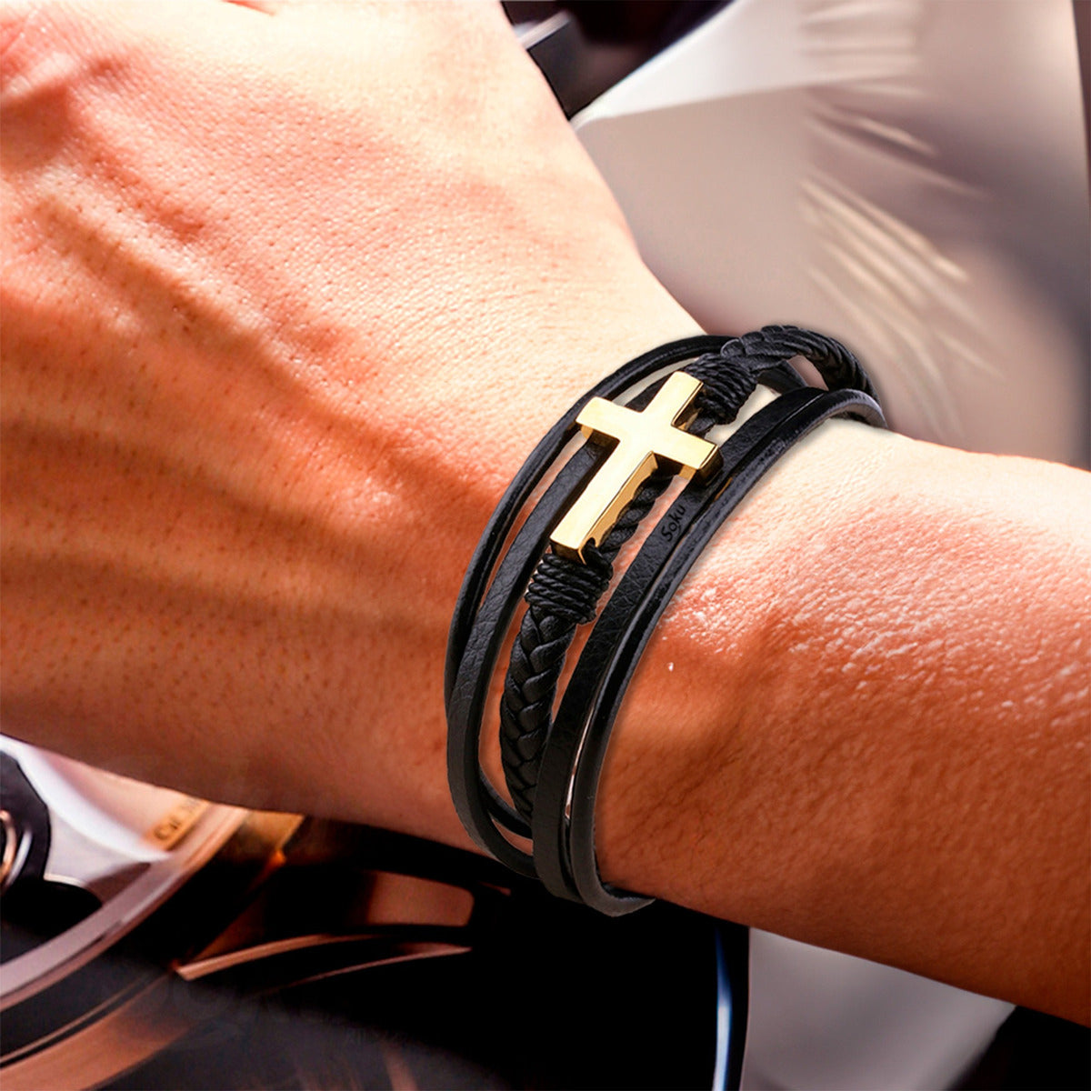 Soku Pulsera Cruz Personalizada Piel Acero Inoxidable