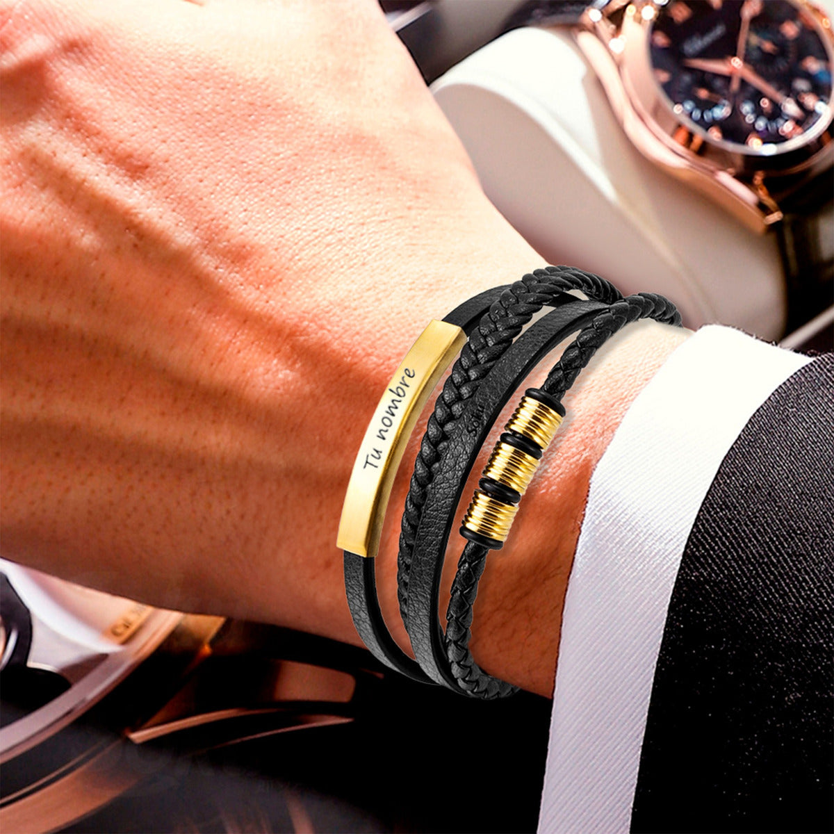 Soku Pulsera Piel Personalizada Acero Inoxidable Titanio