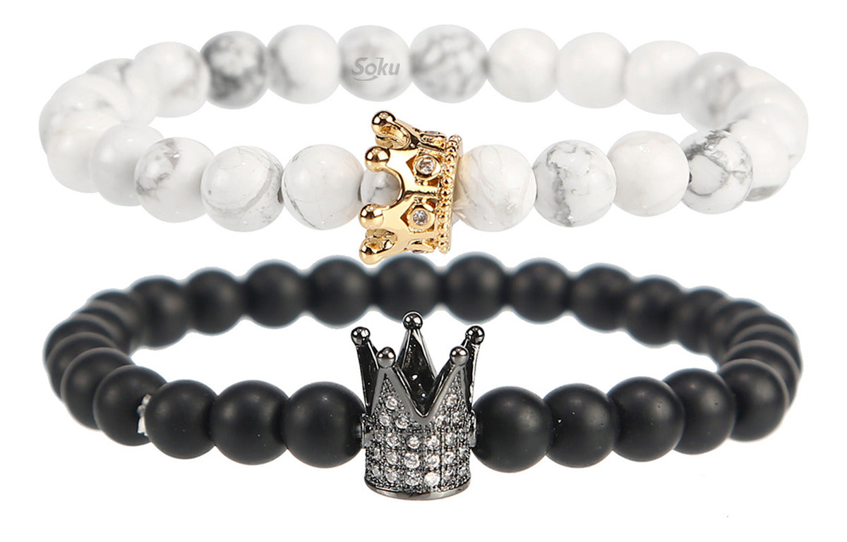2 Pulseras Parejas Piedra Natural Coronas Proteje Amor Real