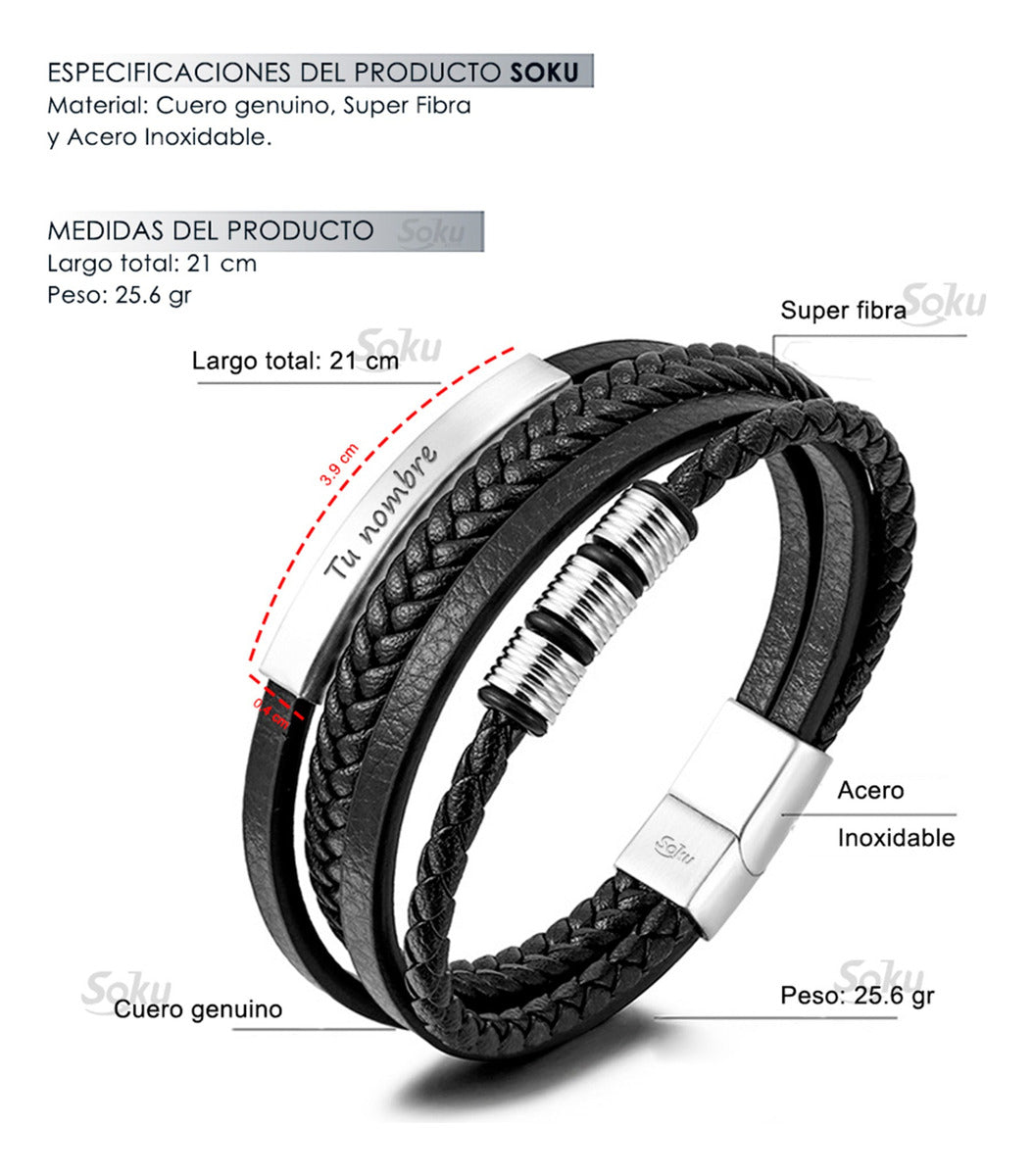 Soku Pulsera Piel Personalizada Acero Inoxidable Titanio