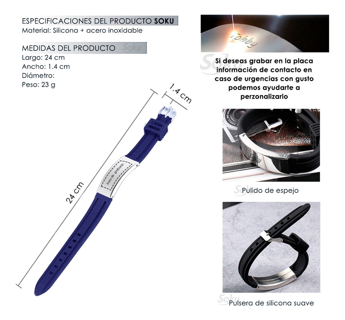 Soku Pulsera Médica Personalizada Emergencias Acero Premium+