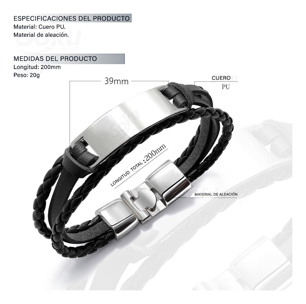 Pulsera Hombre Personalizada Grabado Vintage De Piel Titanio