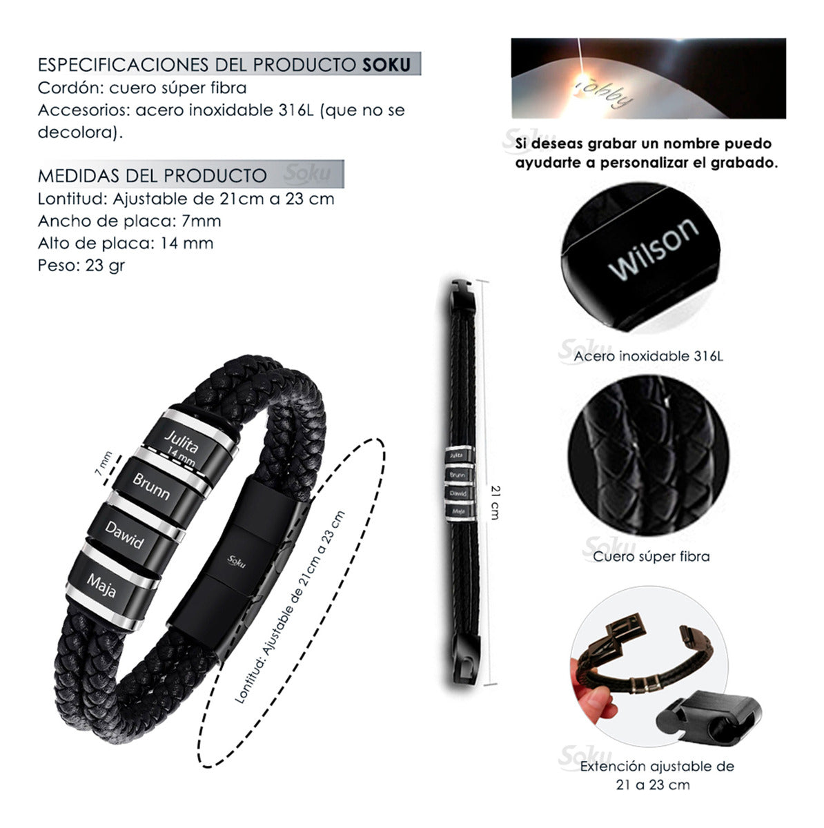 Pulsera Personalizada Piel Acero Inoxidable Titanio Soku