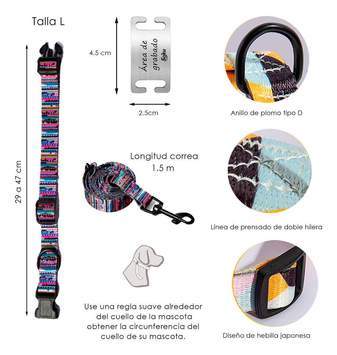 Soku Collar Perro Personalizado Ajustable Correa Mascota