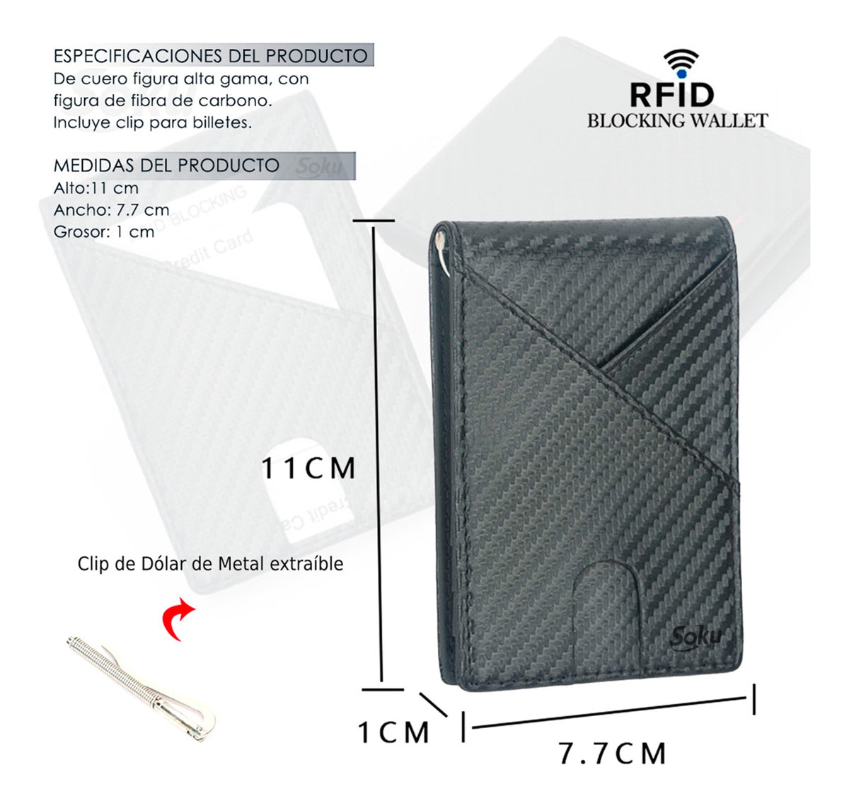 Cartera Billetera Piel Fibra Carbono Protección Rfid Clip